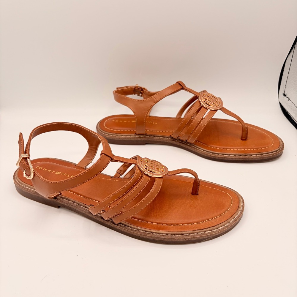 Tommy Hilfiger Sandal Size 9 Preppy Cognac Brown Logo Thong Strappy Gladiator